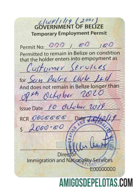 Visto de trabalho para BELIZE modelo